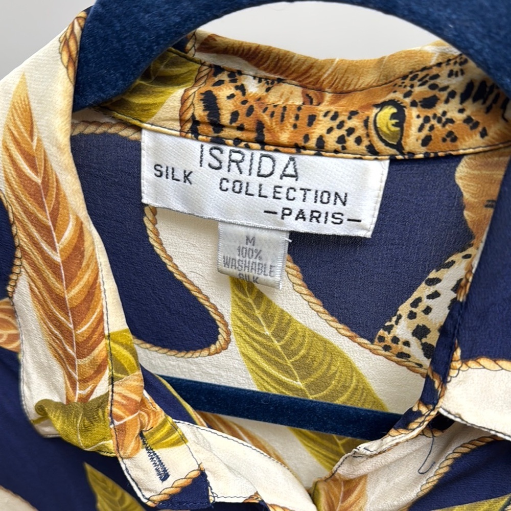 ISIDRA SILK PARIS COLLECTION Blue and Cream Abstract Blouse with Retro Flair - Picture 2 of 8
